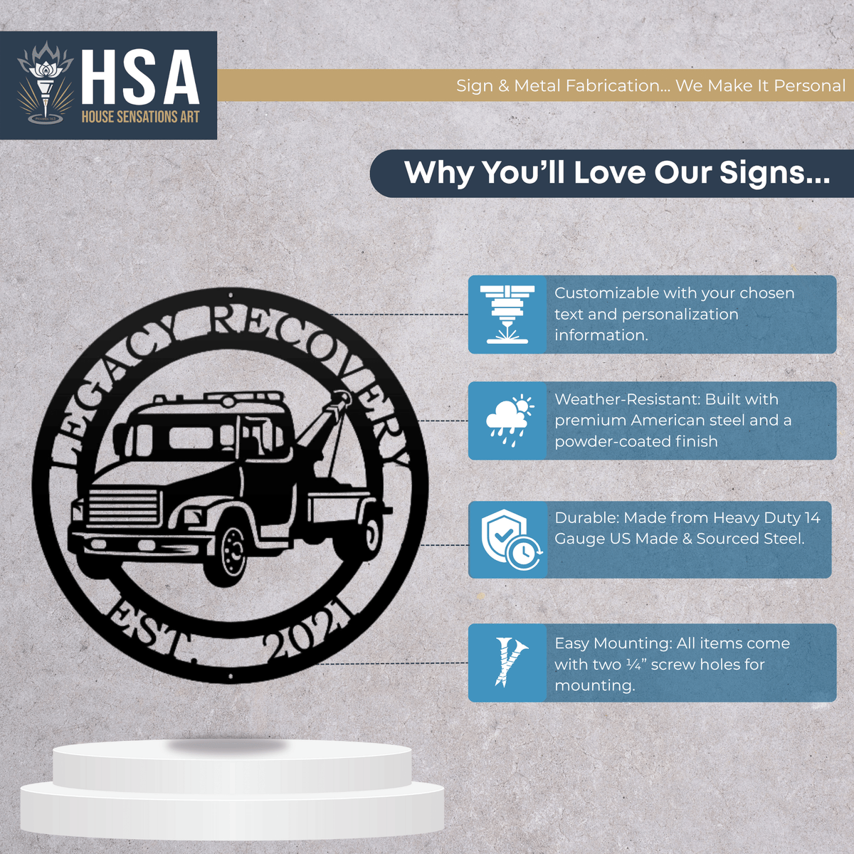 Metal sign featuring a truck design displayed on a gray background with “HSA” branding, highlighting bold styling and durable metal craftsmanship.