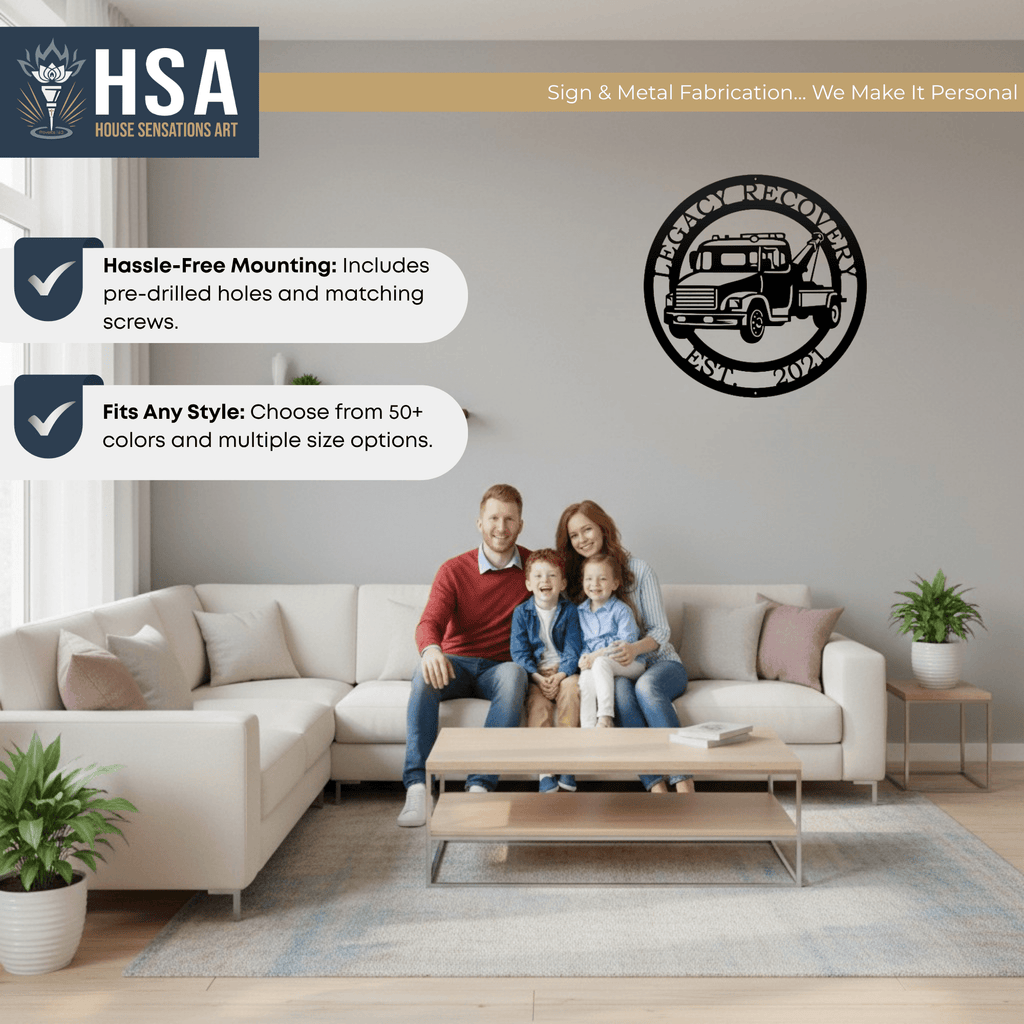 Family sitting on a couch in a living room with a metal wall art piece featuring a truck design displayed on the wall, creating a warm and inviting home décor scene.