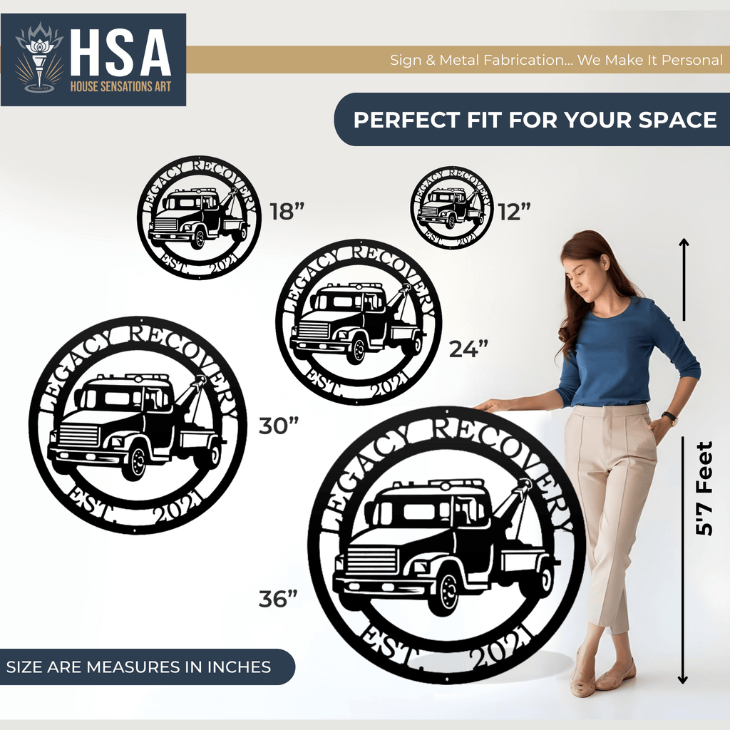 Personalized Truck wall art by House Sensations Art displayed with size options 12", 18", 24", 30", and 36", shown with a woman for scale to highlight dimensions, design details, and durable metal craftsmanship.