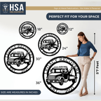Personalized Truck wall art by House Sensations Art displayed with size options 12", 18", 24", 30", and 36", shown with a woman for scale to highlight dimensions, design details, and durable metal craftsmanship.