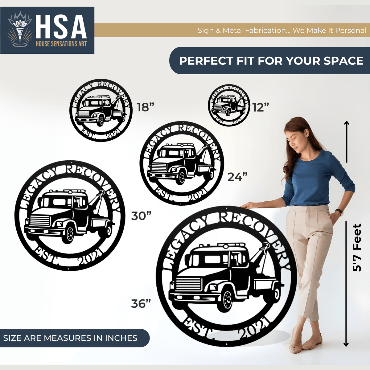 Personalized Truck wall art by House Sensations Art displayed with size options 12", 18", 24", 30", and 36", shown with a woman for scale to highlight dimensions, design details, and durable metal craftsmanship.