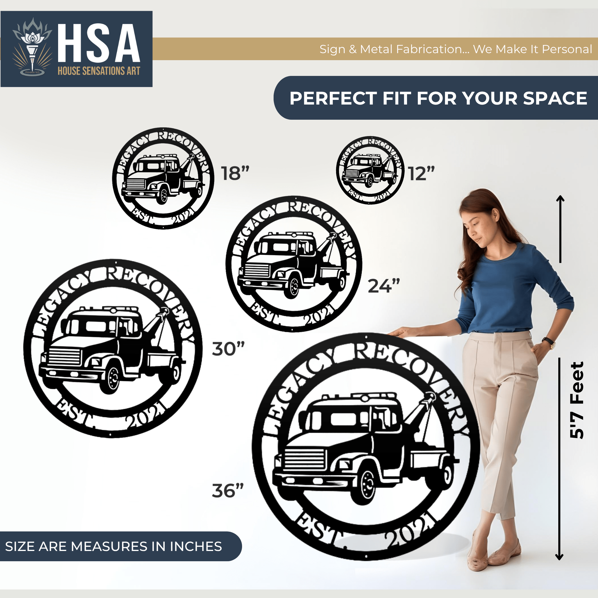 Personalized Truck wall art by House Sensations Art displayed with size options 12", 18", 24", 30", and 36", shown with a woman for scale to highlight dimensions, design details, and durable metal craftsmanship.