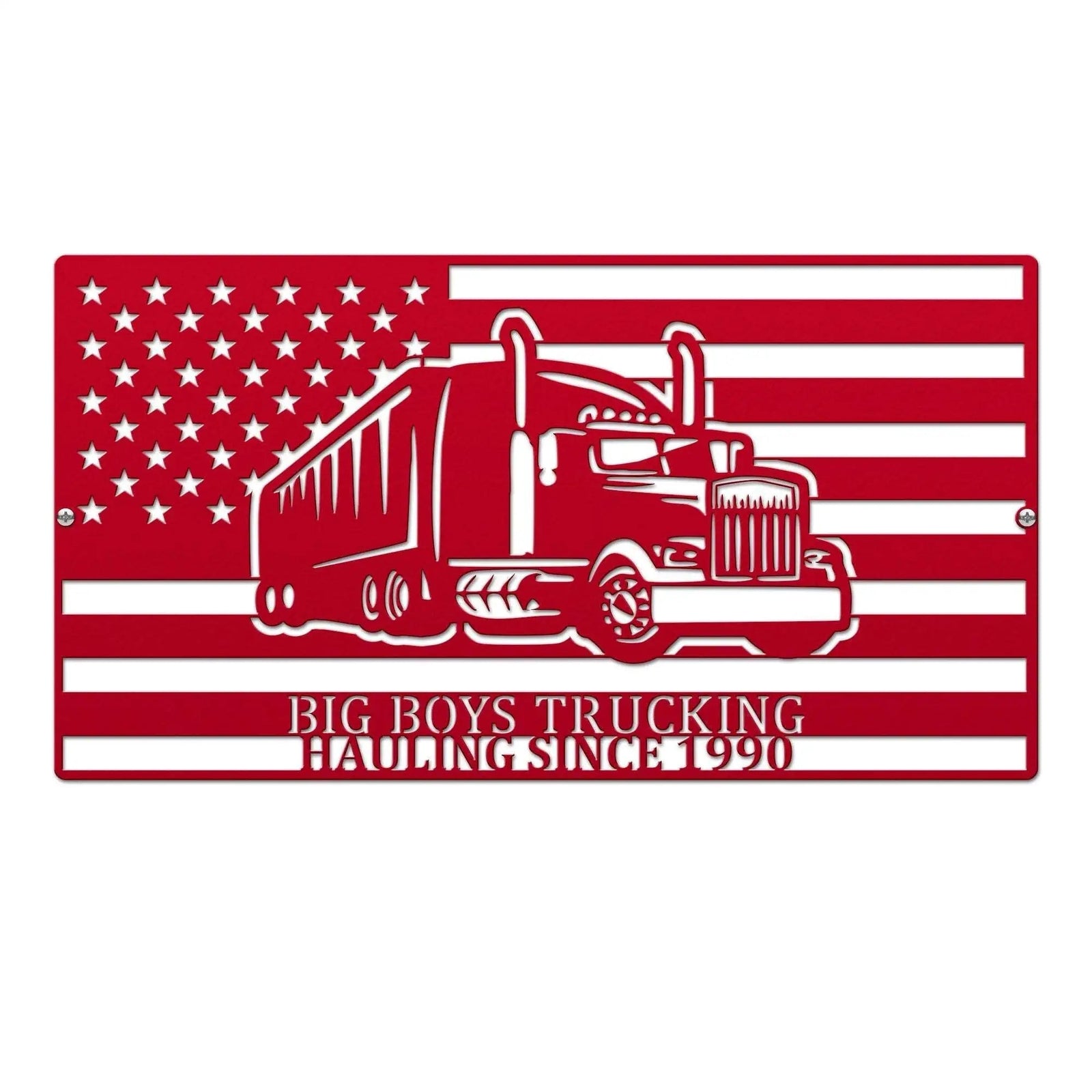 American flag graphic with truck design and Big Boys Trucking text on white background, patriotic metal sign for trucking company branding and decorative display