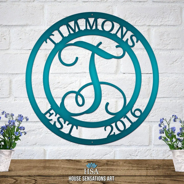 Personalized vine monogram metal sign – family name wall art for outdoor home decor, porch, or housewarming gift