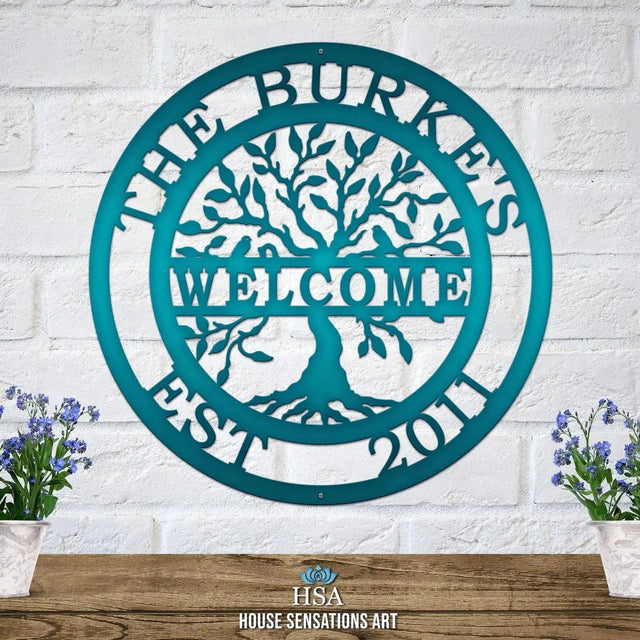 Personalized welcome tree sign – family name and established date metal art for large outdoor address or gate signs
