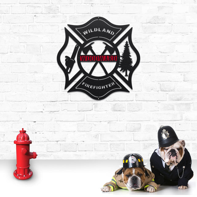 Personalized Wildland Firefighter Maltese cross address sign – custom laser cut metal plaque for home or gate.