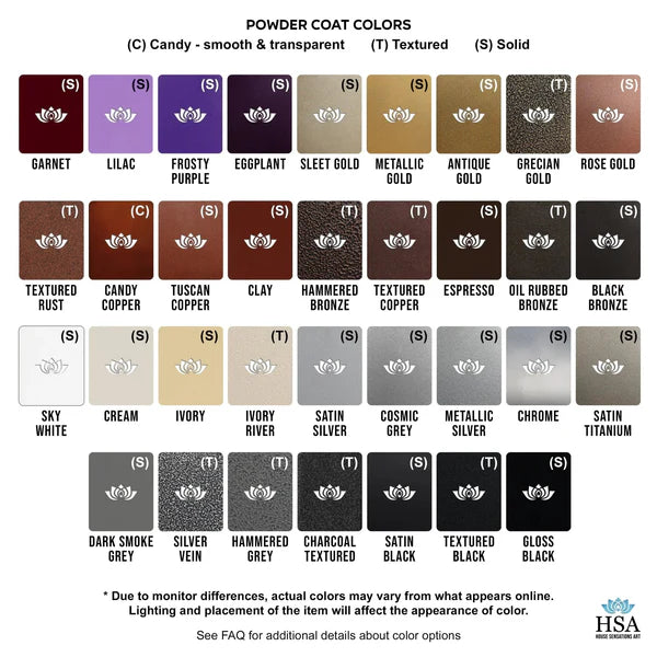 Powder coat color chart showing finishes: Candy (smooth & transparent), Textured, and Solid, with colors ranging from Garnet to Gloss black.