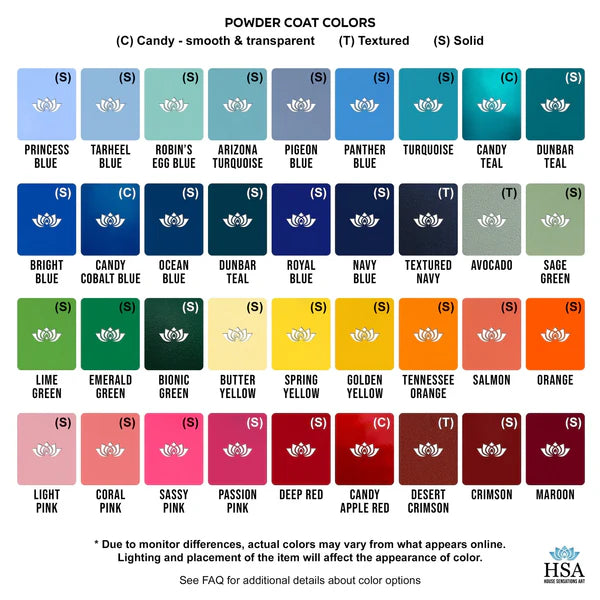 Powder coat color chart showing finishes: Candy (smooth & transparent), Textured, and Solid, with colors ranging from Princess Blue to Maroon.