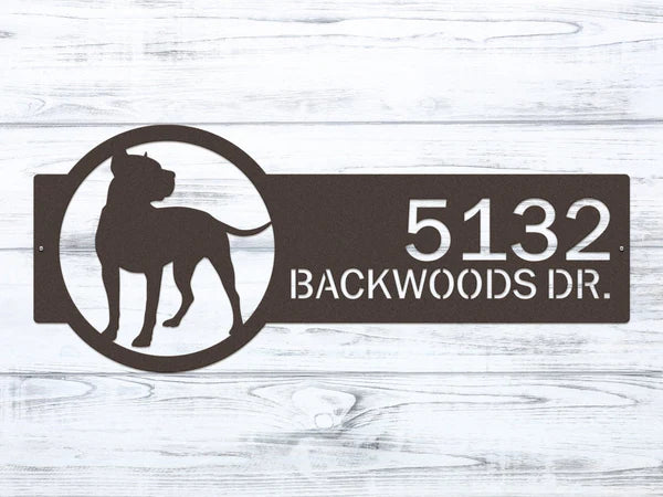 Close-up of Oil Rubbed bronze metal dog breed address sign with dog silhouette on right and custom text '5132 Backwoods Dr.'.