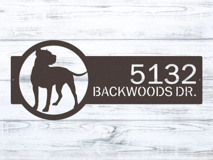 Close-up of Oil Rubbed bronze metal dog breed address sign with dog silhouette on right and custom text '5132 Backwoods Dr.'.