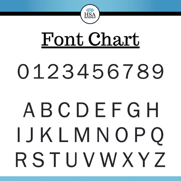 Font chart showing numbers 0–9 and letters A–Z for previewing custom text.
