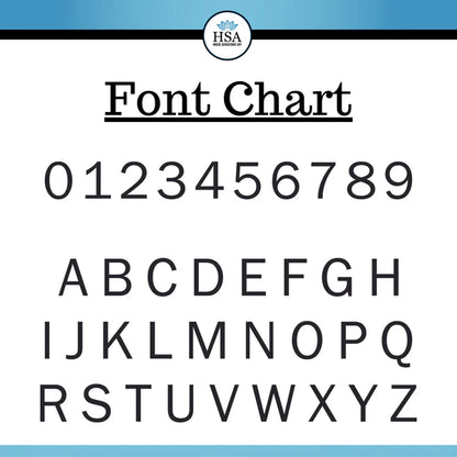 Font chart showing numbers 0–9 and letters A–Z for previewing custom text.