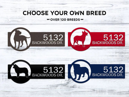 Custom dog breed address sign showing house number '5132' and street name 'BACKWOODS DR.', with over 120 breeds available.