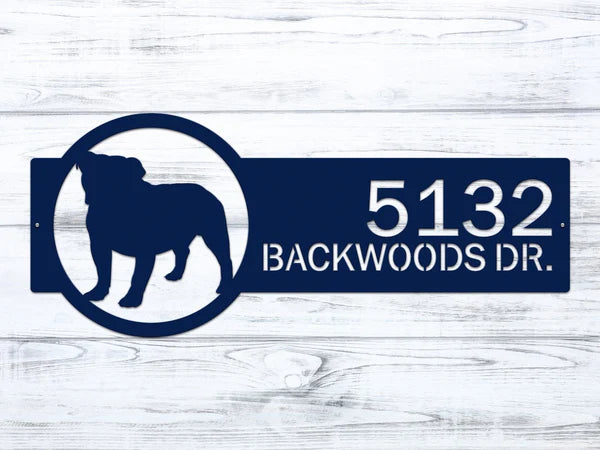 Close-up of Navy Blue metal dog breed address sign with dog silhouette on right and custom text '5132 Backwoods Dr.'.