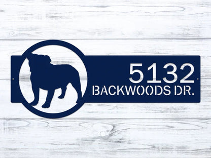 Close-up of Navy Blue metal dog breed address sign with dog silhouette on right and custom text '5132 Backwoods Dr.'.