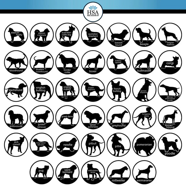 Font chart listing dog breeds like Alaskan Husky, Australian Shepherd, Beagle, Boxer, Corgi, Golden Retriever, Pitbull, Poodle, and more.