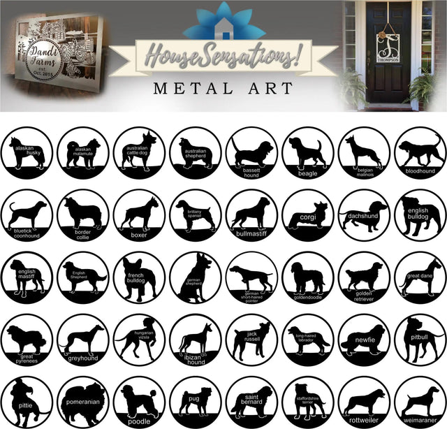 Font chart listing popular dog breeds including Husky, Beagle, Golden Retriever, Pitbull, Poodle, and more.