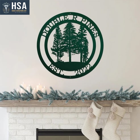 A metal sign featuring pine trees and a text "Double R Pines"