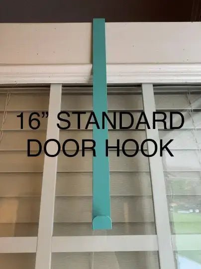 Teal 16-inch door hook for hanging décor, glass door display, tropical farmhouse organization accessory, custom metal sign hardware solution, modern entry styling tool