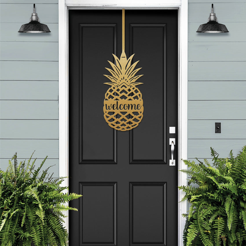 Custom pineapple wreath for front doors year round welcome gold black door