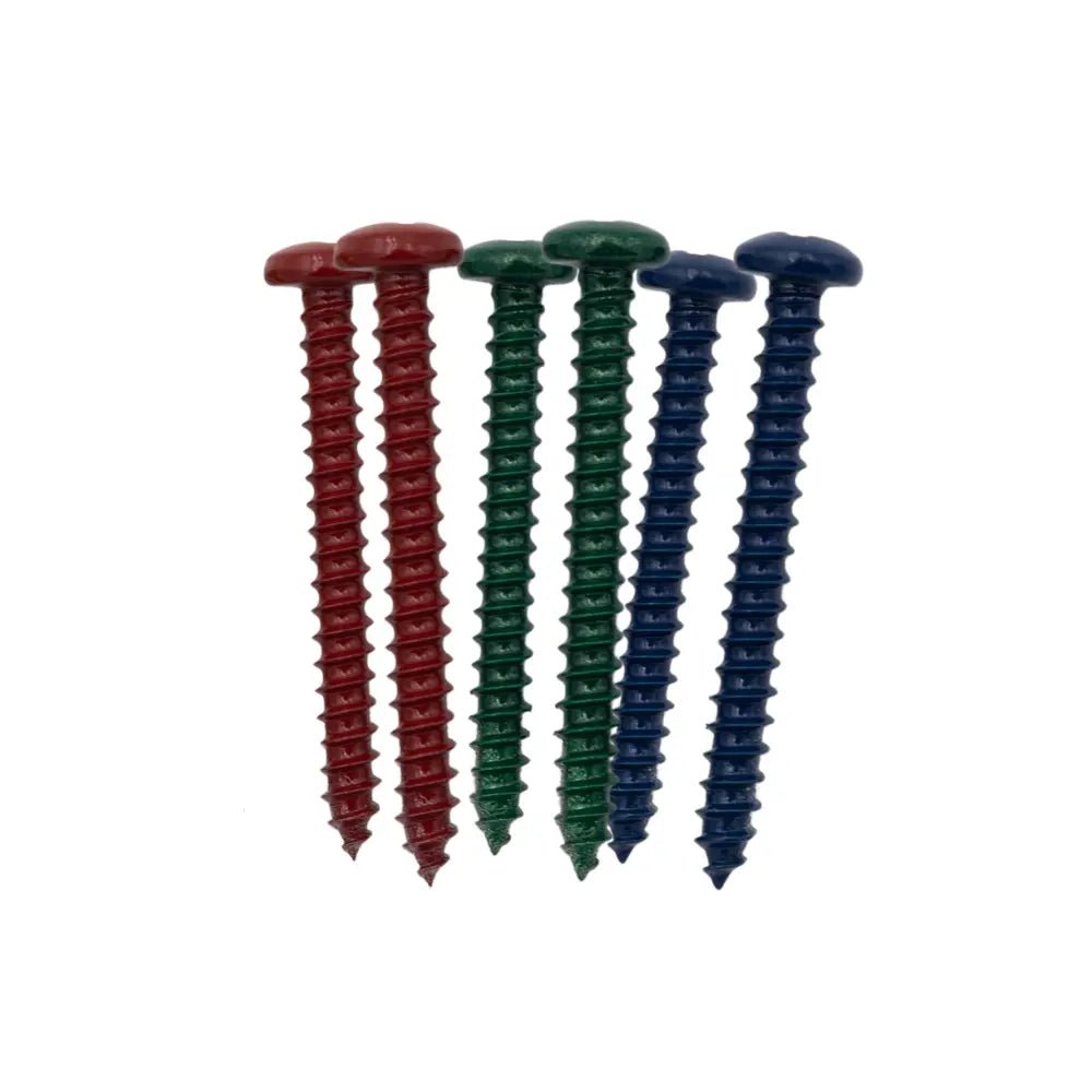 Set of six powder-coated screws in red, green, and blue on white background for mounting custom metal signs and DIY projects