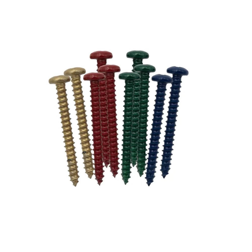 Set of assorted powder-coated screws in various colors on white background for mounting custom metal signs and DIY projects