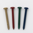 Four colored powder-coated screws (bronze, red, green, blue) on white background, for mounting custom metal signs and DIY projects