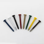 Assorted powder-coated screws in multiple colors on white background, model 7611302, for mounting custom metal signs and DIY projects