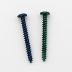 Two powder-coated screws, one blue and one green, on white background for mounting custom metal signs and DIY projects