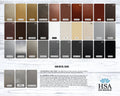 Color swatches displaying various metal finishes with “HSA” branding on a light wooden background, highlighting a range of metallic tones and decorative options.