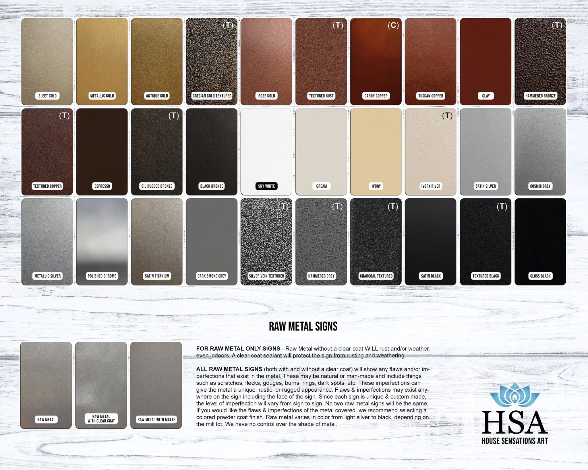 Color swatches displaying various metal finishes with “HSA” branding on a light wooden background, highlighting a range of metallic tones and decorative options.
