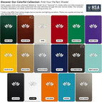 Color swatch chart displaying various metallic colors with names, featuring HSA logo, reference guide for custom metal finishes and powder-coated signage options
