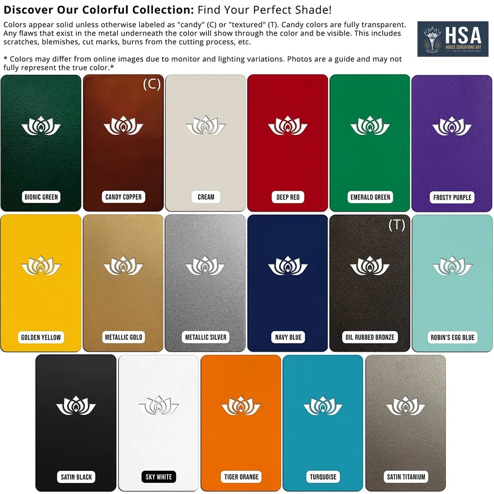 Color swatch chart displaying various metallic colors with names, featuring HSA logo, reference guide for custom metal finishes and powder-coated signage options