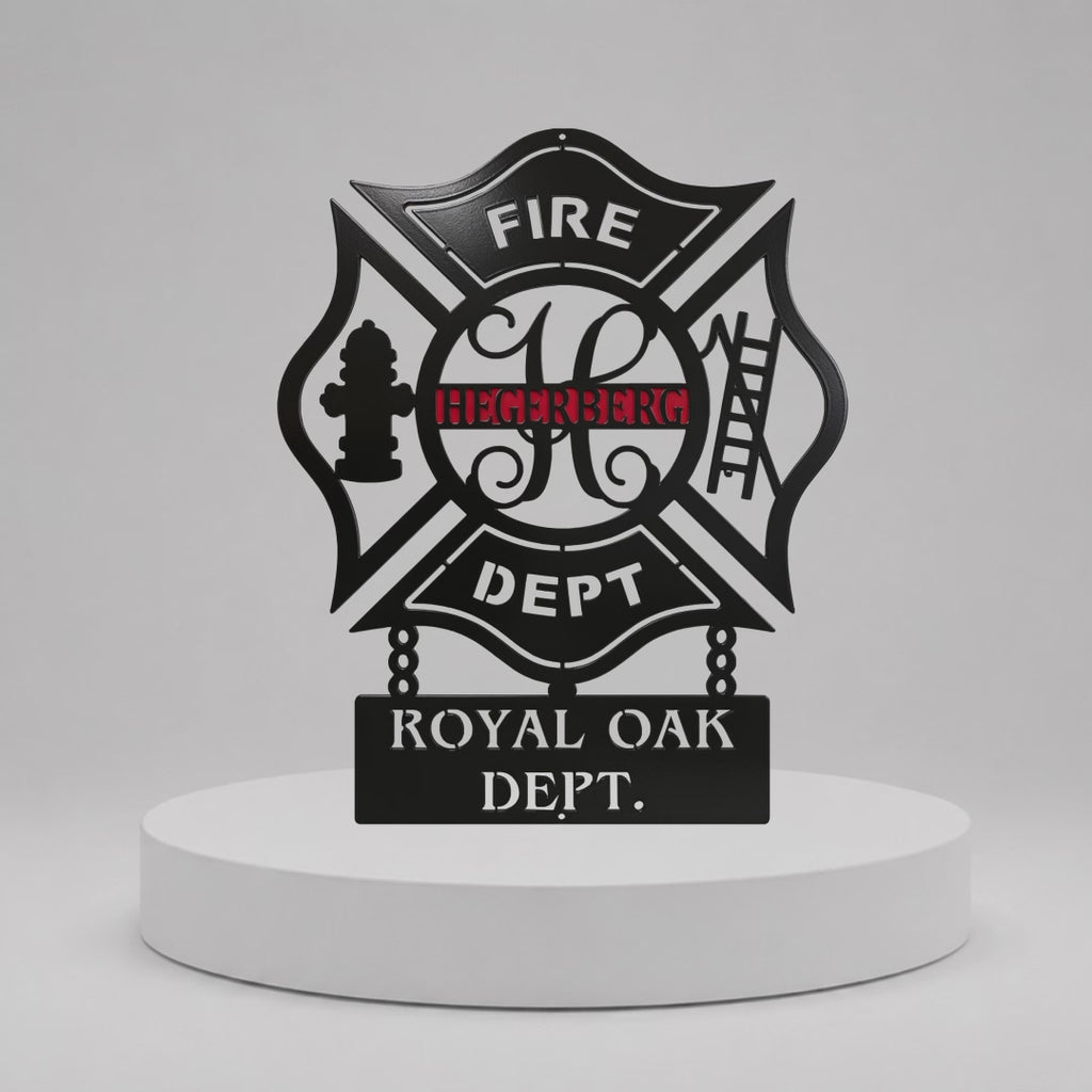 Firefighter Metal Sign — Custom Maltese Cross Personalized Department Banner Plaque
