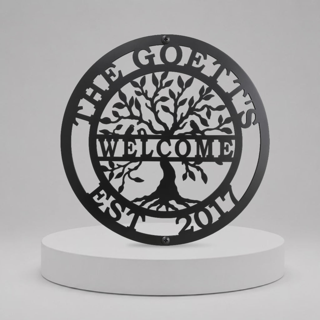 Hermoso letrero del Árbol de la Vida para familias — Decoración metálica con nombre personalizado