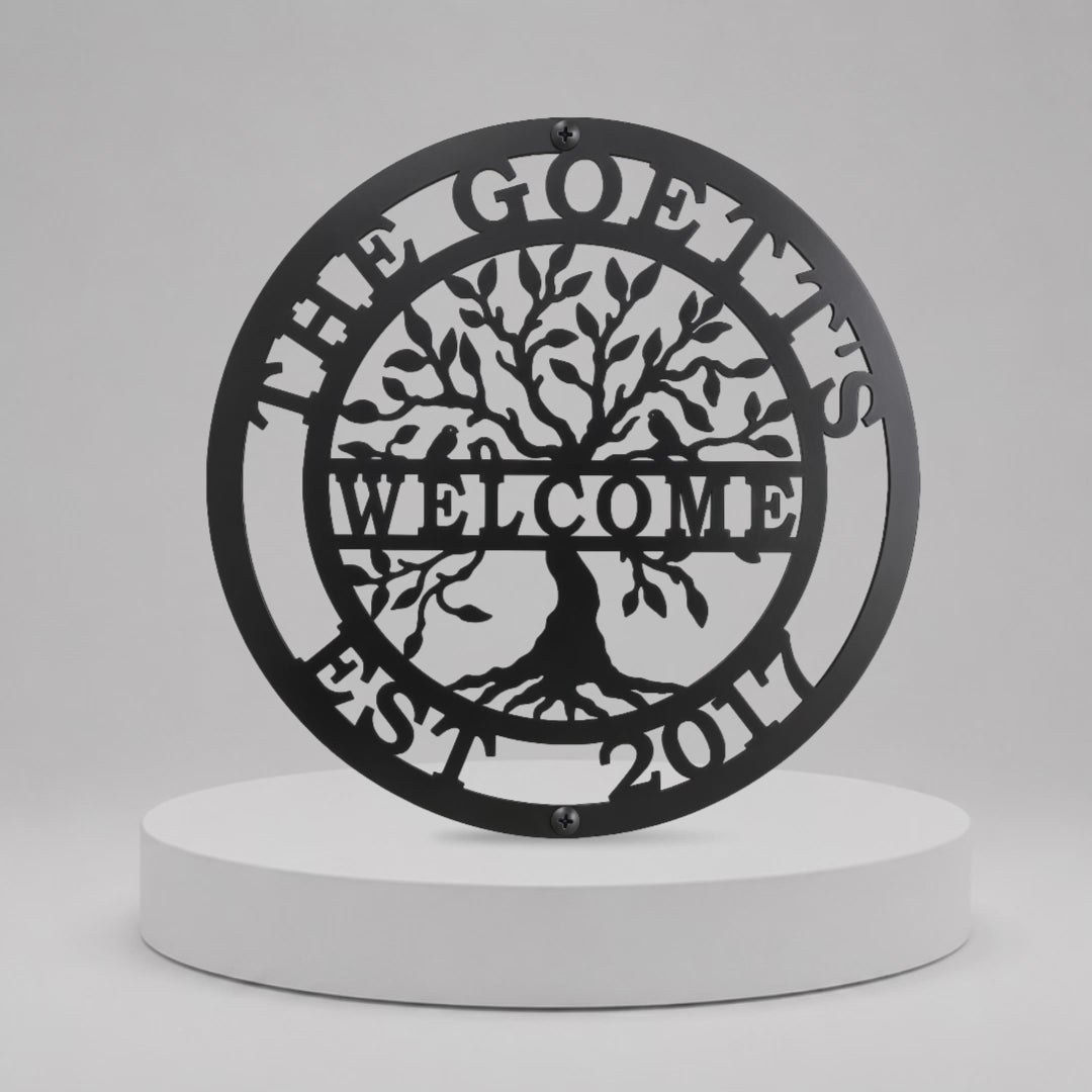 Hermoso letrero del Árbol de la Vida para familias — Decoración metálica con nombre personalizado