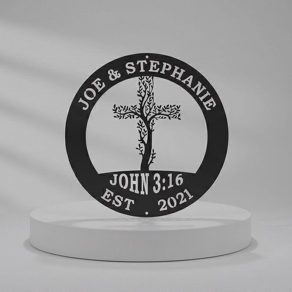 Personalized Tree of Life Cross Metal Wall Art With Family Name