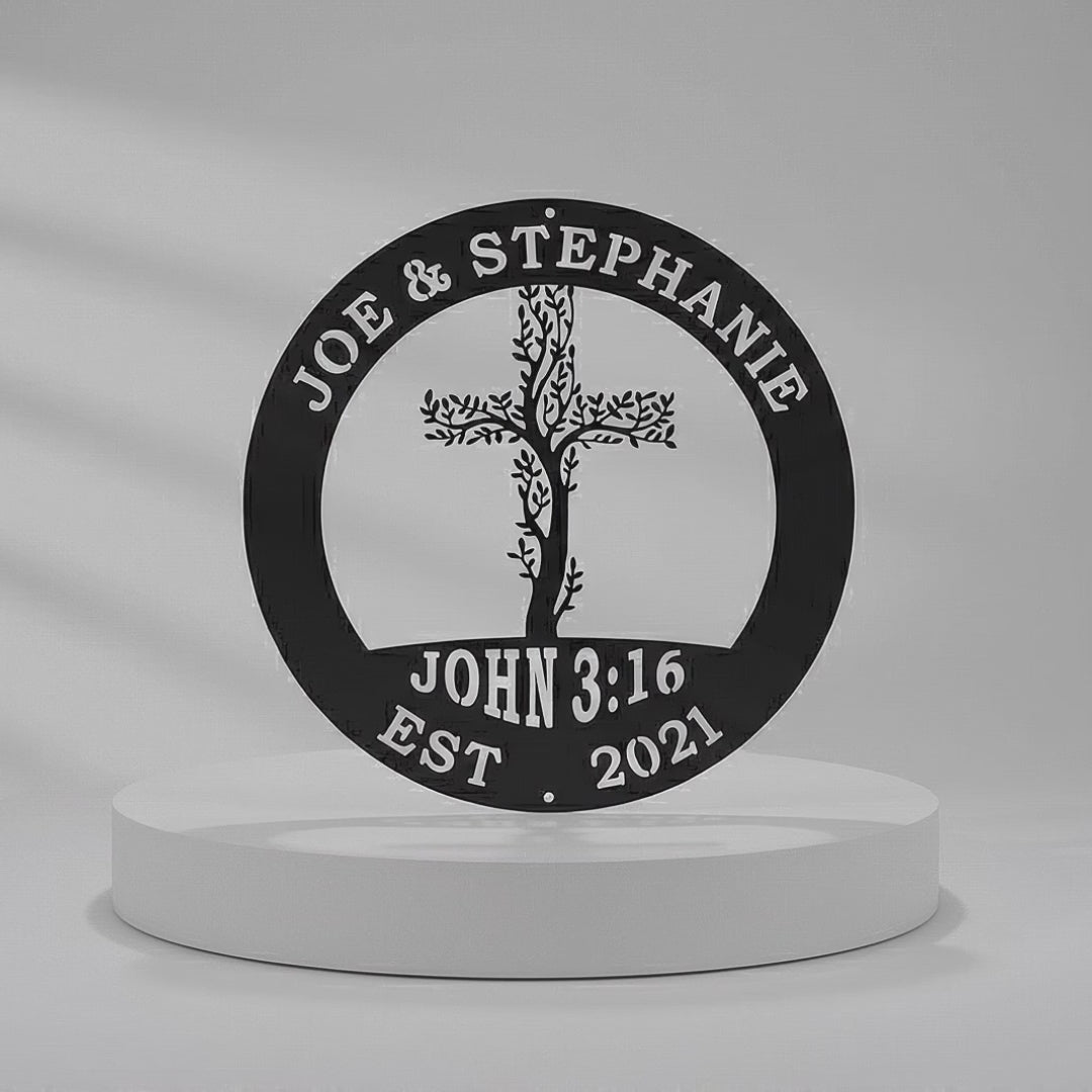 Personalized Tree of Life Cross Metal Wall Art With Family Name