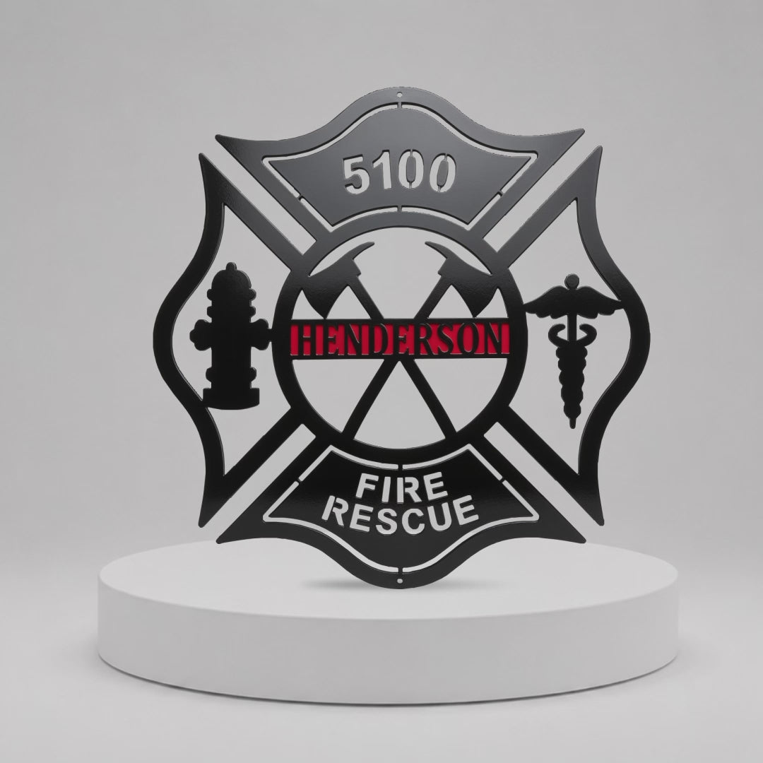 Cruz de Malta de bombero personalizada con hachas y señal de boca de incendios — Arte metálico de pared personalizado