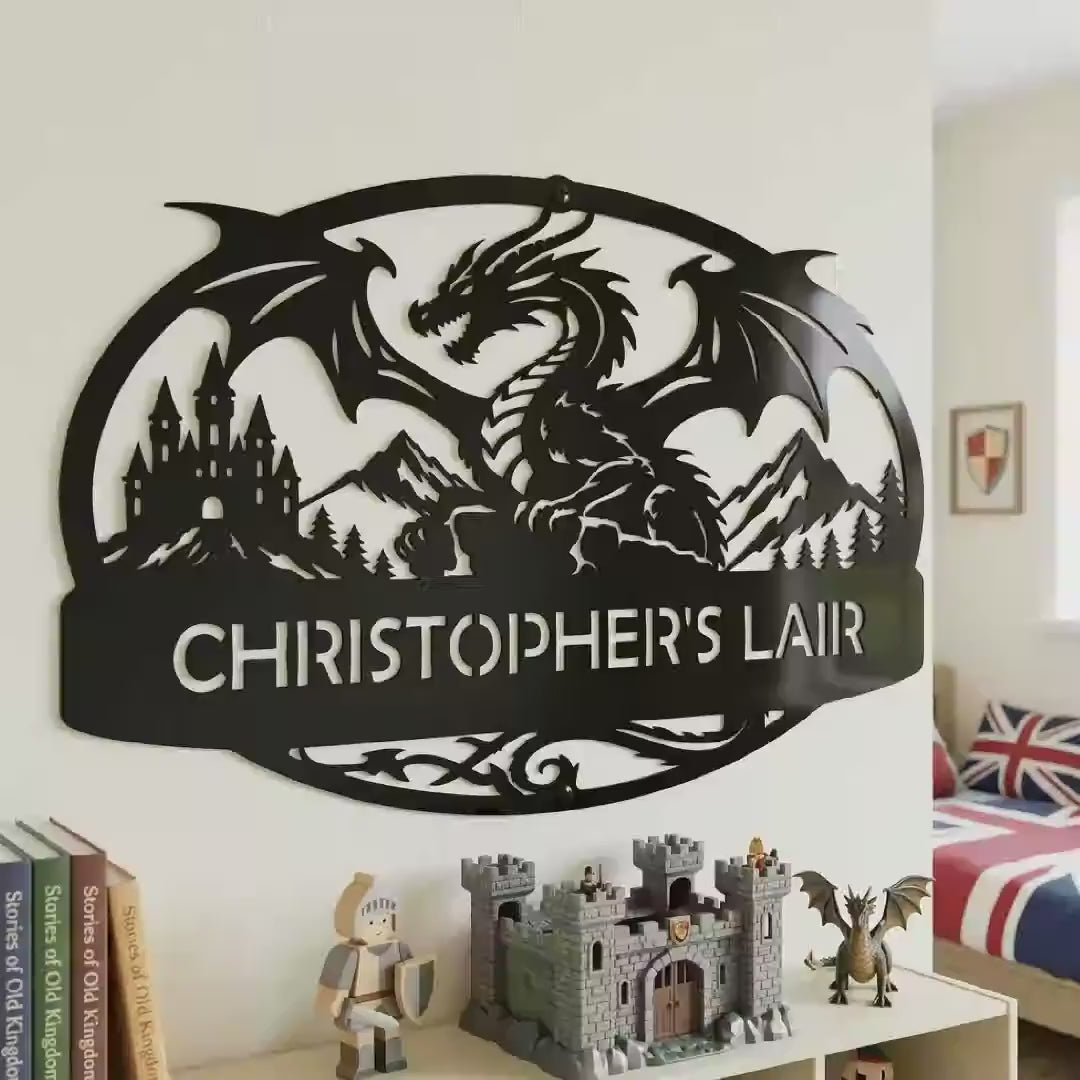 Personalized Dragon Name Plaque: Custom Bold Line Dragons Playhouse Door Sign & Kids Room Decor