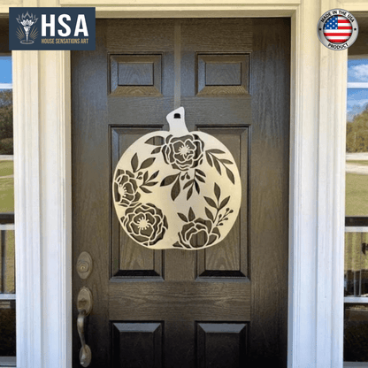 Pumpkin Door Decor – Floral Metal Sign for Fall & Thanksgiving - HouseSensationsArt