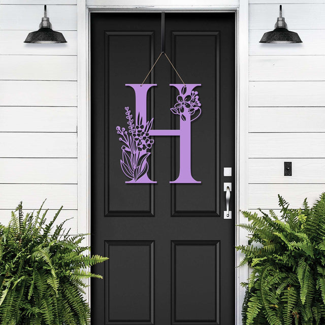 Purple Floral Monogram Door Wreath – “H” initial metal sign with flower accents for elegant home entry decor.