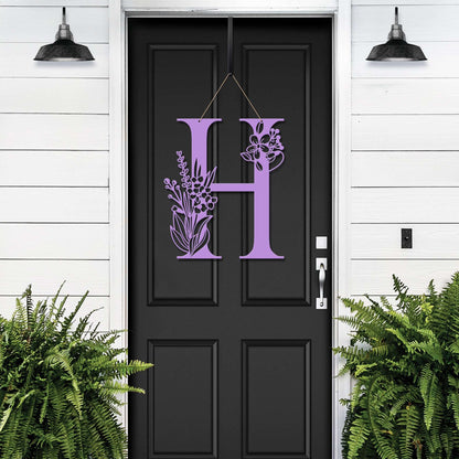Purple Floral Monogram Door Wreath – “H” initial metal sign with flower accents for elegant home entry decor.