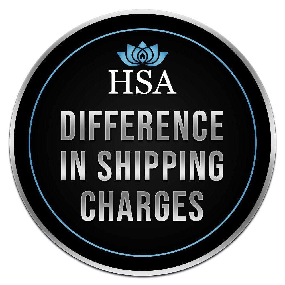 Round metal sign on black background with HSA House Sensations Art logo and text about reshipping fees, informational decorative sign