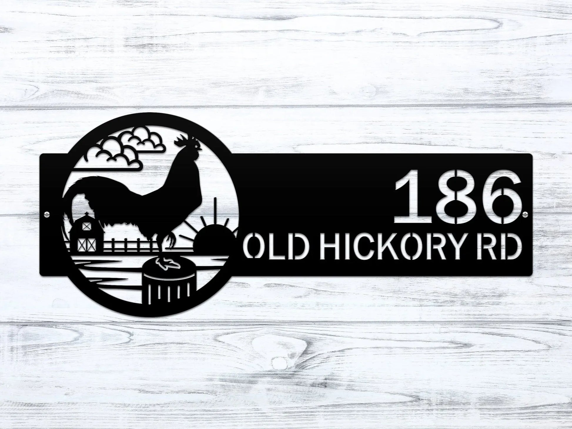 Black Rooster Farm Address Sign with rooster, clouds, barn, and sun on right, and house number '186 Old Hickory Rd' on left.