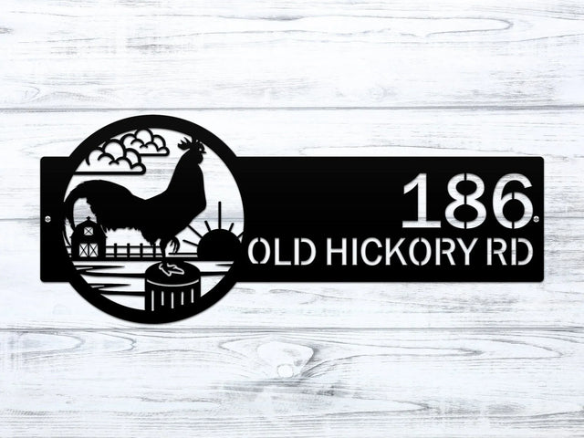 Black Rooster Farm Address Sign with rooster, clouds, barn, and sun on right, and house number '186 Old Hickory Rd' on left.