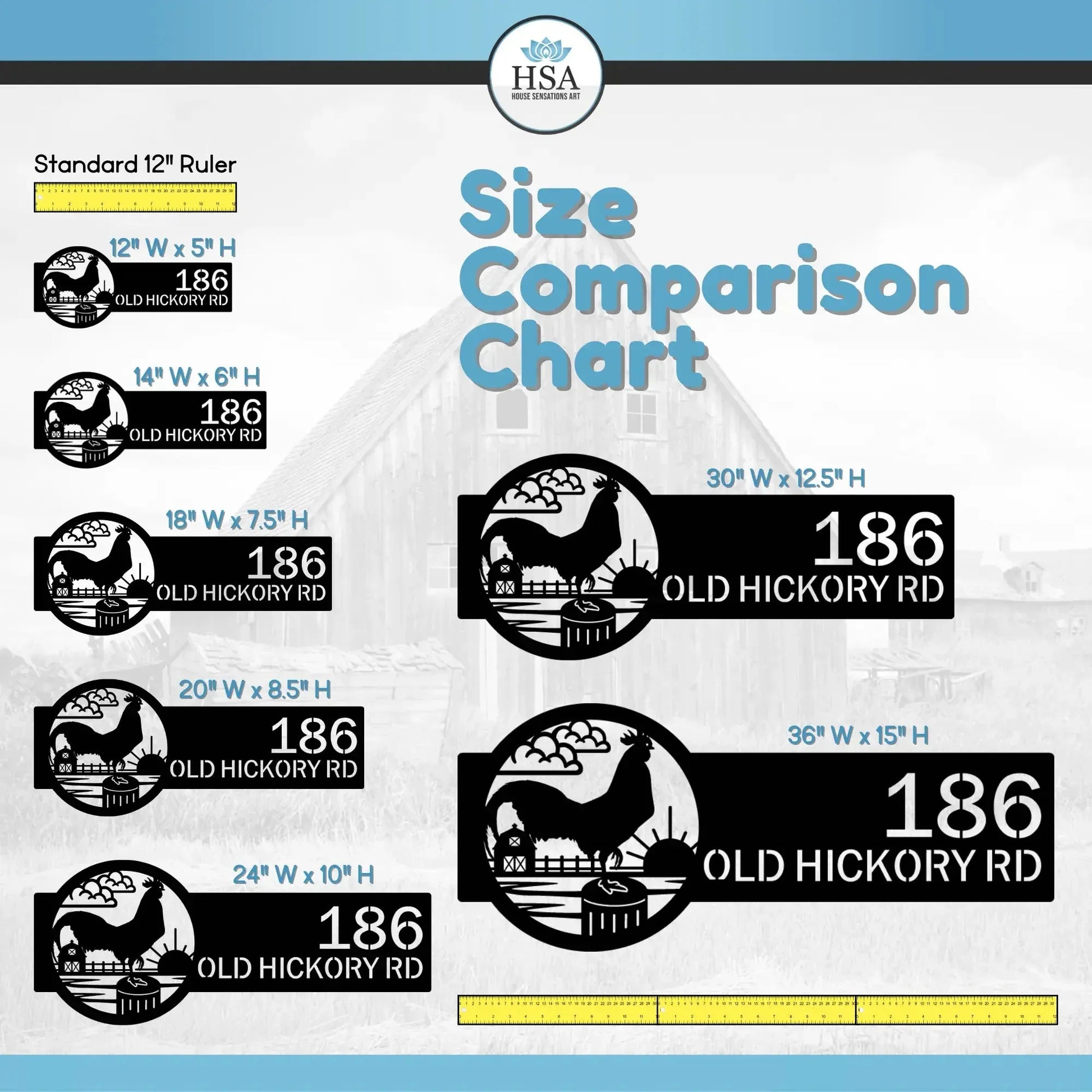 Size Comparison Chart showing address sign "186 Old Hickory Rd" in multiple dimensions next to a standard 12" ruler.