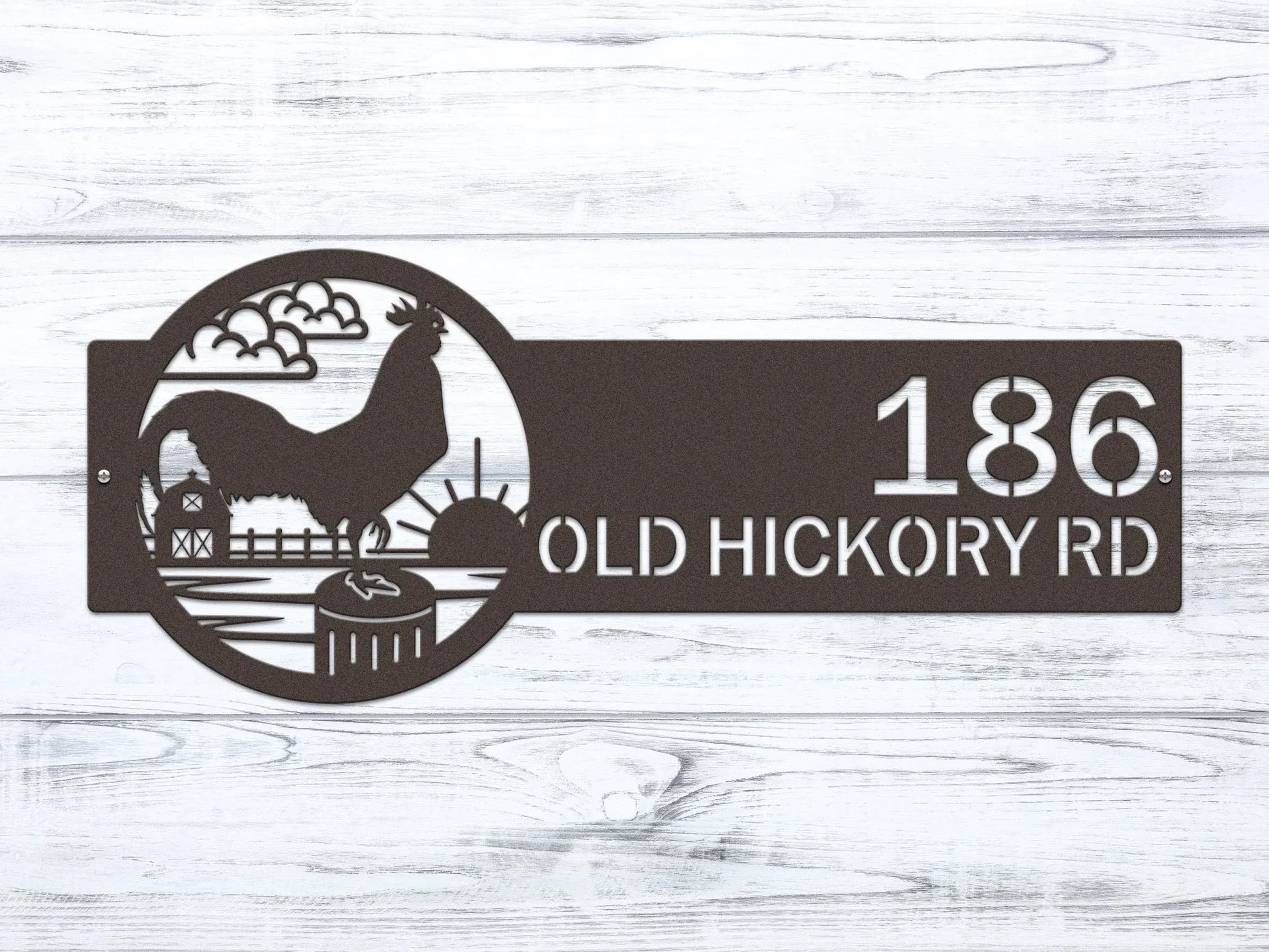 Textured Copper Rooster Farm Address Sign with rooster, clouds, barn, and sun on right, and house number '186 Old Hickory Rd' on left.