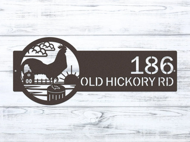 Textured Copper Rooster Farm Address Sign with rooster, clouds, barn, and sun on right, and house number '186 Old Hickory Rd' on left.