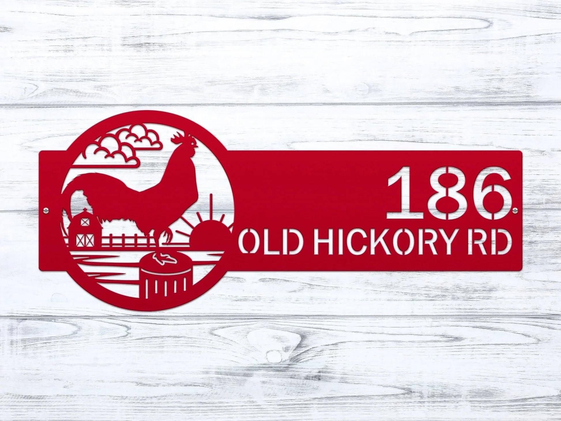 Deep red Rooster Farm Address Sign with rooster, clouds, barn, and sun on right, and house number '186 Old Hickory Rd' on left.